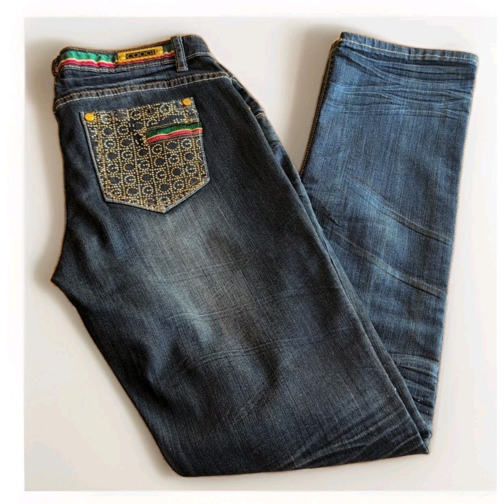 Googi Womens Low Rise Straight Leg Embellished Distressed Blue Jeans Sz 7/8 L32